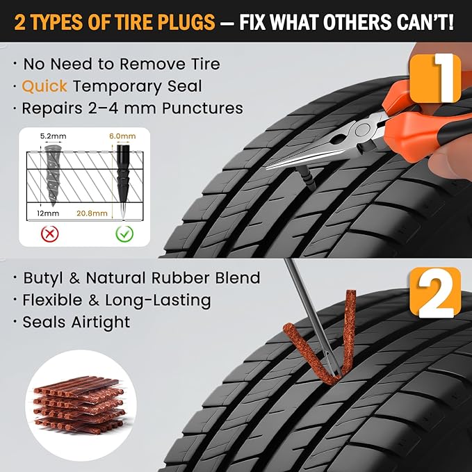 ORCISH Heavy Duty Tire Plug Kit - 98pcs All-in-One Universal Tire Repair Kit for Tubeless Flats, Emergency Tire Patch Kit for