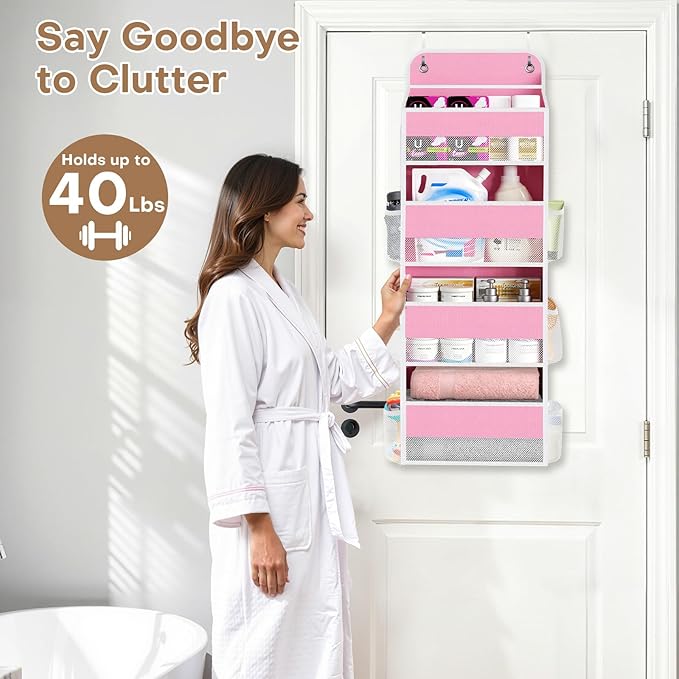 SpaceWhisper Over the Door Organizer, 4 Large Pocket Hanging Storage Organizer with 40lb Capacity, Space Saving for Nursery, 