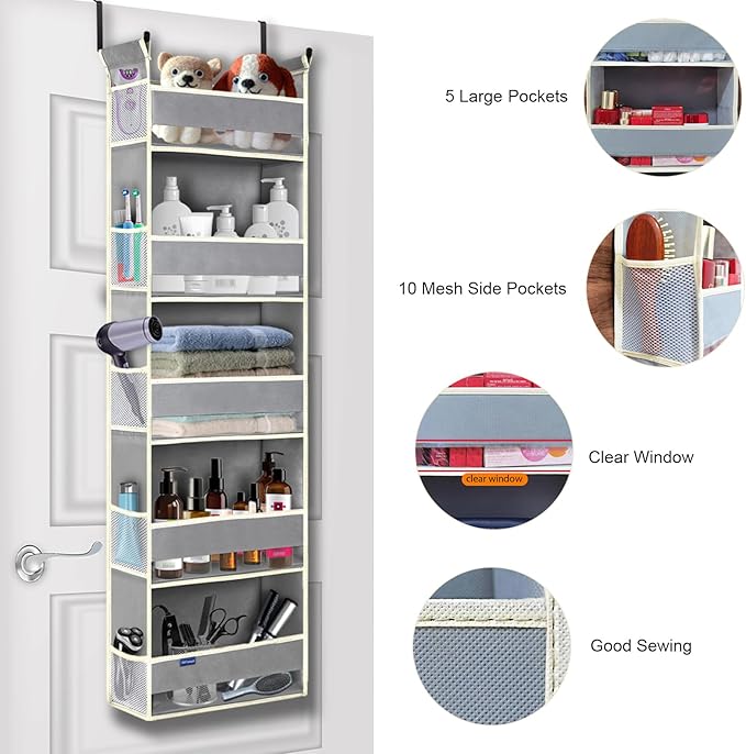 Over The Door Organizer 5-Shelves and 10 Side Pockets, Over The Door Storage for Bathroom Bedroom Nursery, Hanging Door Organ