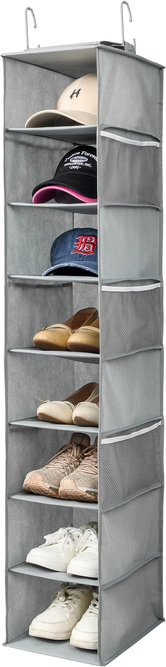 Berdeng Hanging Shoe Organizer for Closet with Side Mesh Pockets，Hat Racks for Baseball Caps，Shoe and Hat Holder & Storage，8-