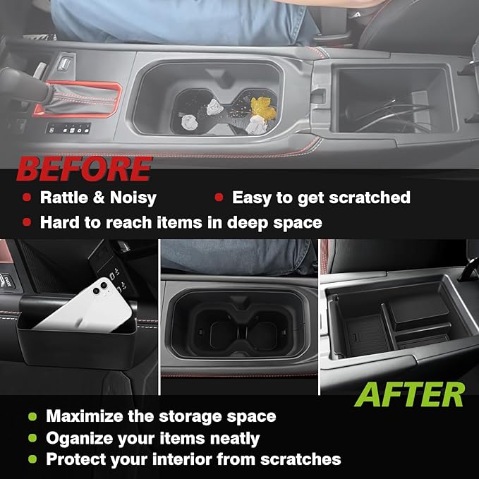Muslogy Center Console Organizer & Cup Holder Insert 3PCS Set Compatible with 2025 2026 Nissan Kicks Armrest Box Divider Gear Shift Storage Pocket Drink Stopper (Console Tray& Side Pocket & CupHolder)
