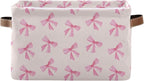 xigua Pink Bow Storage Basket Collapsible Storage Bins Waterproof Canvas Storage Basket with Leather Handles for Home Closets