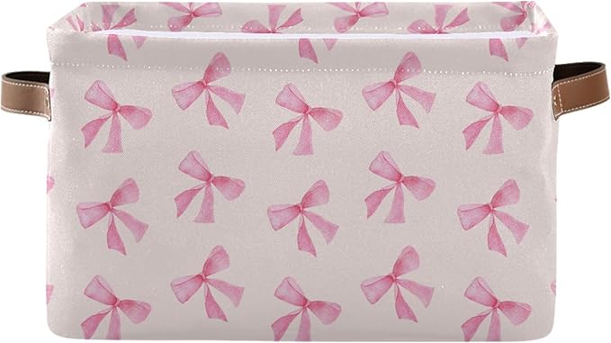 xigua Pink Bow Storage Basket Collapsible Storage Bins Waterproof Canvas Storage Basket with Leather Handles for Home Closets