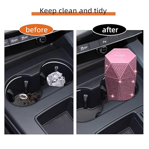 NBTEPEM 2 PCS Bling Car Trash Can with Lid, Bling Car Accessories Trash Bin, Leakproof Auto Garbage Can with 60 Trash Bags, Multipurpose Organizers and Storage for Home, Office (Pink Diamond)