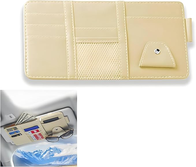 2 Pack Car Visor Organizer for Ford F150 2021-2025, Sun Visor Storage Pouch Premium PU Leather Interior Accessories Pocket Multi-Function Card Holder,Beige