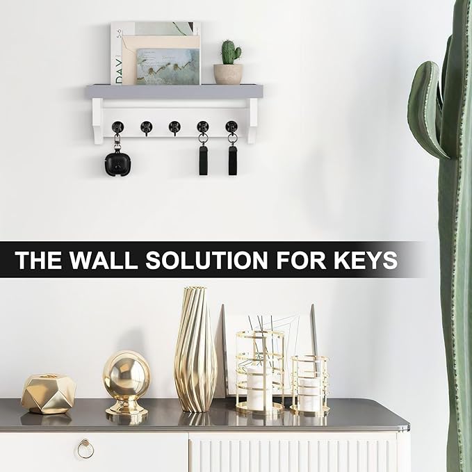 Key and Mail Holder Wall Mount, Key Holder with Shelf and Mail Organizer Wall Mount. Mail Holder with 5 Hooks for Coat, Dog L