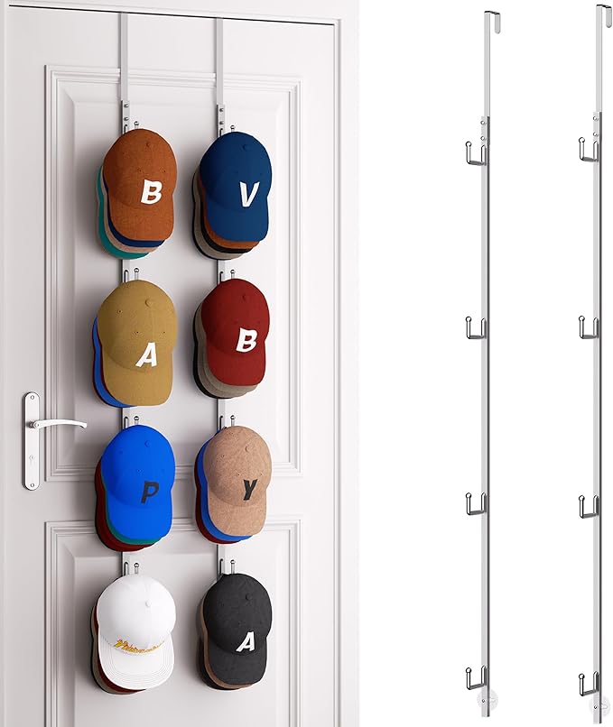 HapiRm Over Door Hat Rack - 2 Packs Hat Organizer with 8 Hooks Design, Hanging Baseball Cap Organizer Storage Holds Up to 40 