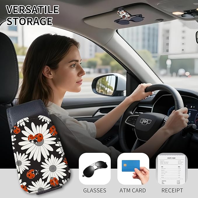 Sunglasses Holder for Car Visor, PU Leather Glasses Clip Organizer, Cute Magnetic Eyeglass Holder for Vehicle Sun Visor, Car Interior Accessory for Women & Men Chamomile Ladybug