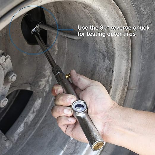 CZC AUTO Tire Pressure Gauge, Straight on Foot Dual Head Truck Air Gage, Accurate Mechanical Dually Chuck Wheel Gage Tester with Magnifying Bubble Lens for Car RV Van ATV Motorcycle Bike, 10-120PSI