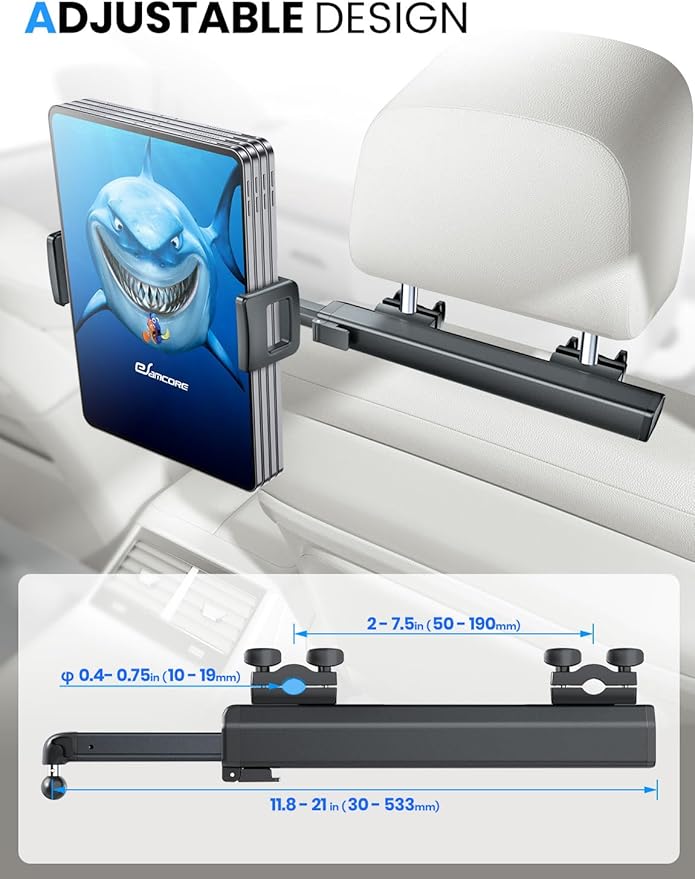 eSamcore Headrest Mount for Car, Aluminum Tablet Car Holder for Backseat Kids Large Clamp, Road Trip Essentials for Adults Back Seat Car Accessories Compatible with iPad 4.7” -12.9" Tab