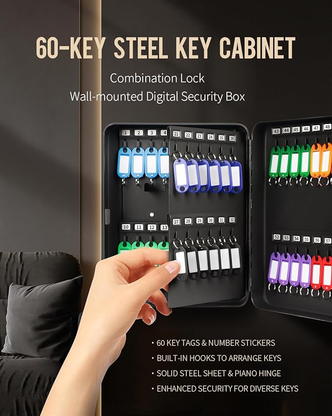 Uniclife 60 Position Key Cabinet with Combination Lock Resettable Black Digital Security Storage Box Steel Key Organizer with