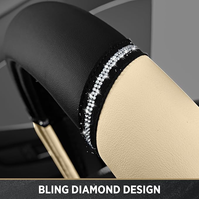 Road Comforts Leather Steering Wheel Cover - Made with PVC Leather - Anti-Slip, Universal Fit 14 1/2 inches to 15 inches - Mi