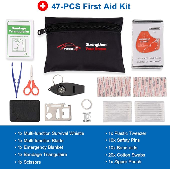 Vetoos Roadside Emergency Car Kit with Jumper Cables, Auto Vehicle Safety Road Side Assistance Kit Essentials, Winter Car Kit