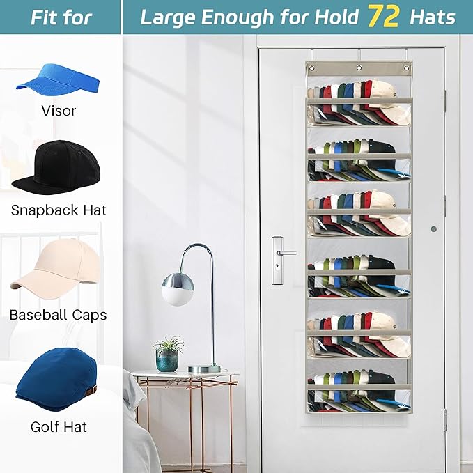 AOODA Clear Over the Door Hat Racks for Baseball Caps, Large Holds up to 72 Caps Hat Storage Organizer for Closet Wall, Deep 