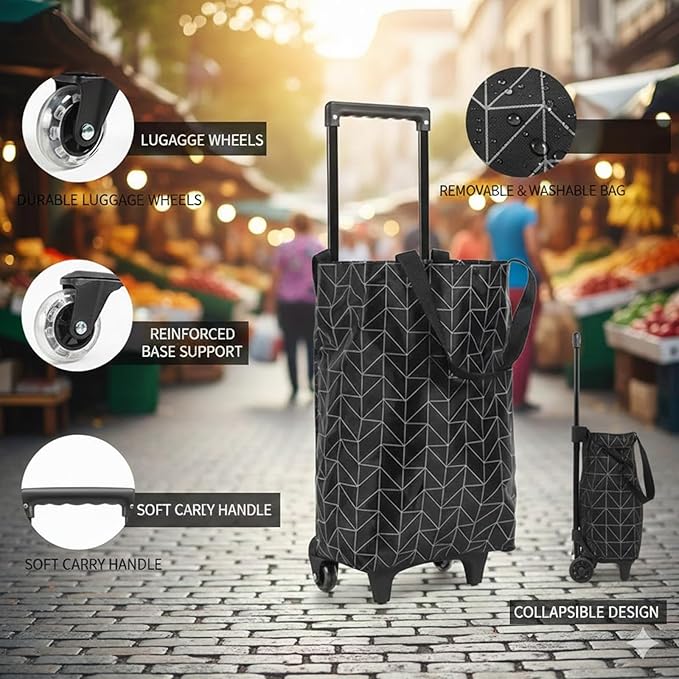 2-in-1 Foldable Shopping Bag with Wheels, Foldable Shopping Cart with Telescopic Handle, Reusable Eco-Friendly Shopping Bag for Women & Senior(Black Checkered Pattern)