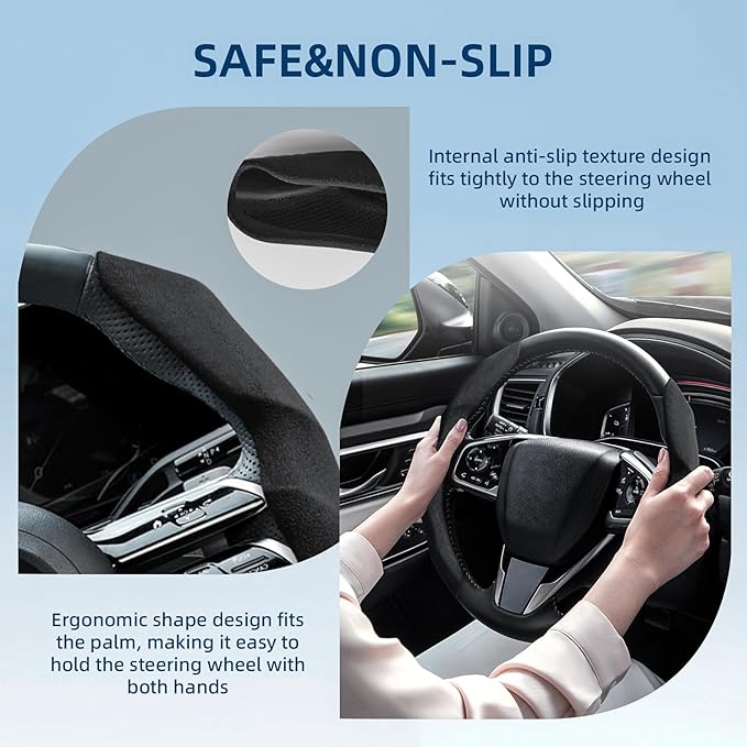 Suede Steering Wheel Cover with Anti-Slip Lining and Segmented Design 2pcs Universal Steering Wheel Protector for Men and Wom