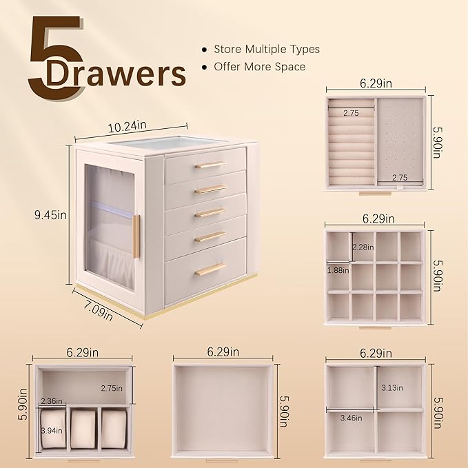 Homeanda Jewelry Box for Women with Glass Lid, 5 Drawers Jewelry Organizer and Storage for Necklaces, Rings, Earrings, Bracel