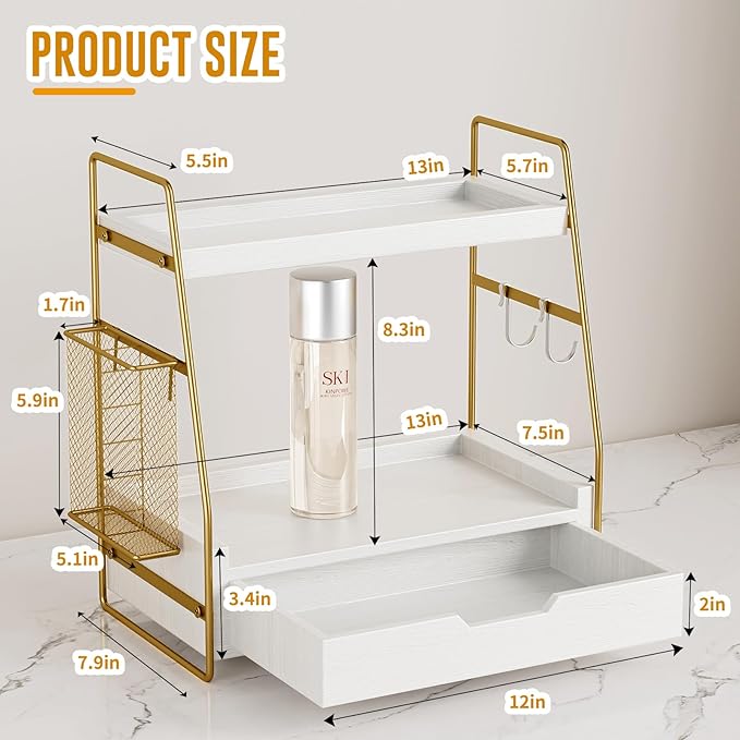 2-Tier Bathroom Counter Organizer with Drawer & Removable Basket, Wood & Metal Vanity Organizer for Skincare, Makeup, Perfume