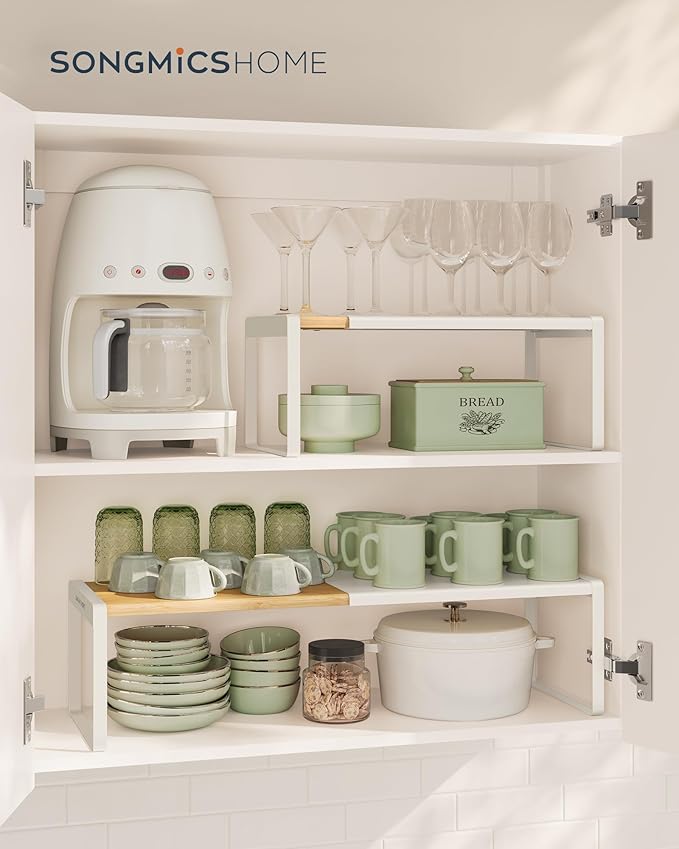 SONGMICS HOME Spice Racks, Expandable Cupboard Shelf Orgnizers, Kitchen Counter Shelves, Bamboo and Metal, Space-Saving Shelv