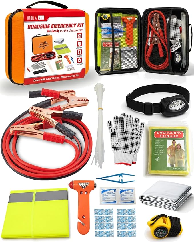 HolaKit Car Emergency Kit – Roadside Safety Kit with Jumper Cables, LED Headlamp, First Aid, EVA Bag, Poncho, Safety Vest & M