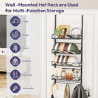 SWTYMIKI Over Door Hat Organizer - 5 Tier Wall Mounted Hat Rack with 4 Adjustable Metal Basket and 3 Hooks, Hanging Baseball 