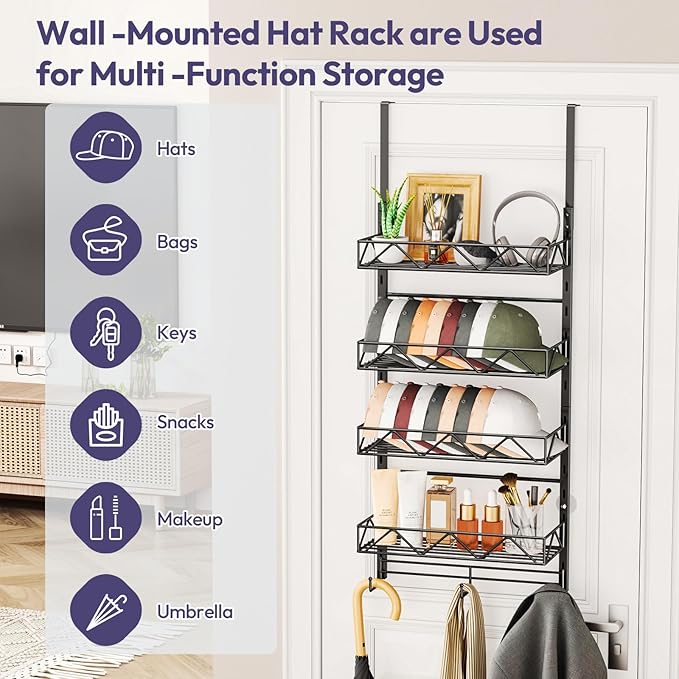 SWTYMIKI Over Door Hat Organizer - 5 Tier Wall Mounted Hat Rack with 4 Adjustable Metal Basket and 3 Hooks, Hanging Baseball 