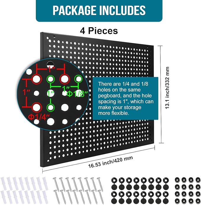 4 Pack Heavy Duty Steel Pegboard Garage Organization Panels,Universal 1/8 and 1/4 Pegboard Accessories,Suitable for Tool Stor