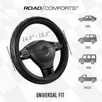 Road Comforts Leather Steering Wheel Cover – Black & Black, Universal Fit 14.5-15 Inch, Microfiber Leather, Anti-Slip & Breat