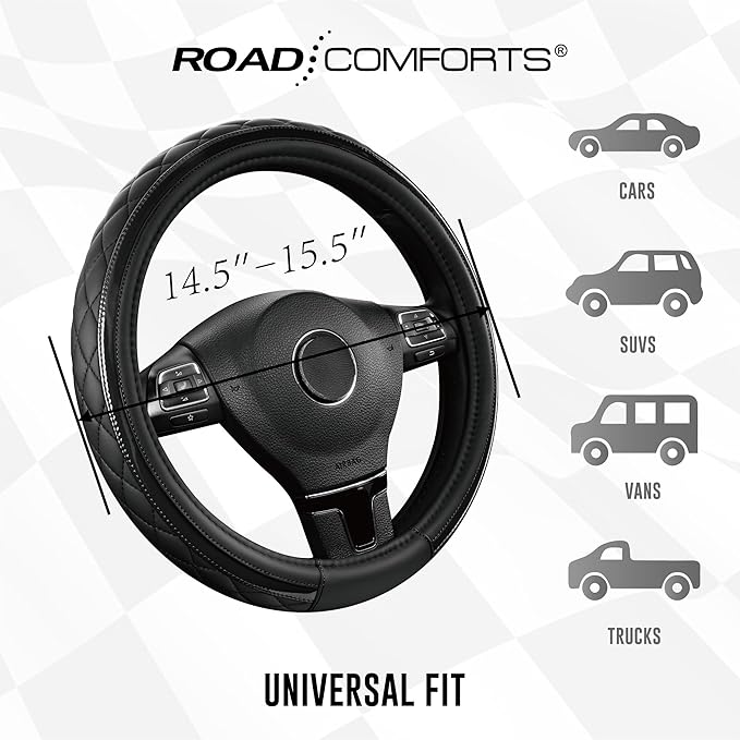 Road Comforts Leather Steering Wheel Cover – Black & Black, Universal Fit 14.5-15 Inch, Microfiber Leather, Anti-Slip & Breat