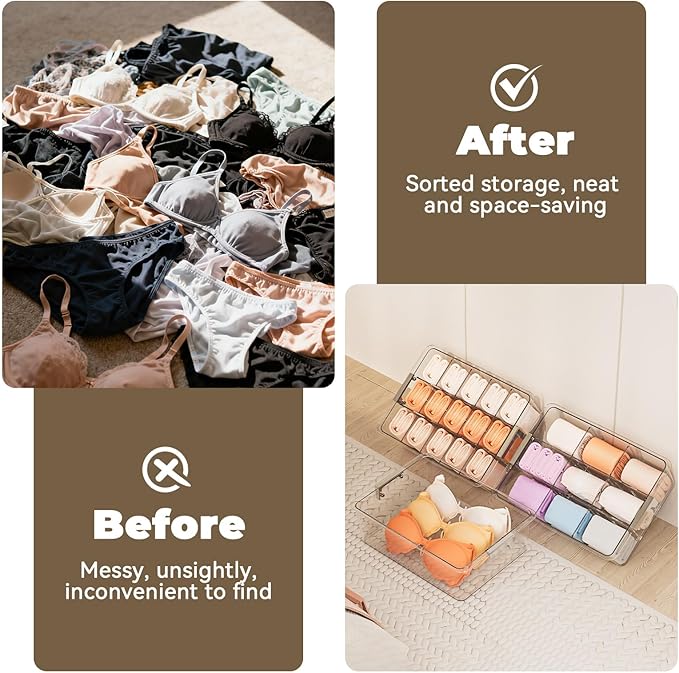 Socks Bra Underwear Drawer Organizer for Closet, 2 PCS Plastic Storage Box with 15 Removable Compartments and Lid, Clear Dres