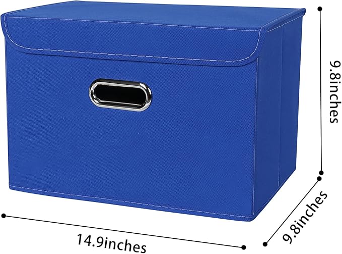 Linen Fabric Foldable Collapsible Storage Cube Bin Organizer Basket Fabric Storage Bins with Lid, Leather Handles, Removable 