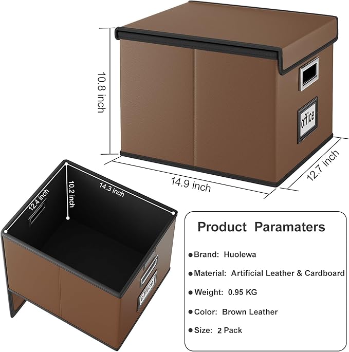 Huolewa File Organizer Boxes with Lids, Collapsible Faux Leather Hanging File Folder Box Organizer with Plastic Slide, Decora
