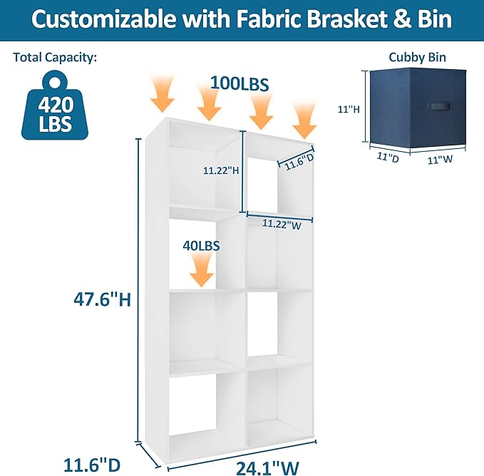 PrimeZone Stackable 8 Cube Storage Organizer: Wood Cubes Shelf Fits Cubby Bins - Square Cubicle Bookshelf Cabinet for Closet 