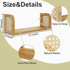 17 Inch Rattan Wall Shelf, Wooden Hanging Bookshelf Storage, Natural Cute Nursery Shelves Wall Mounted, Boho Decorative Float