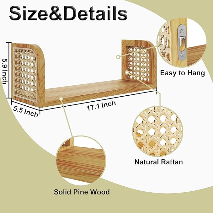 17 Inch Rattan Wall Shelf, Wooden Hanging Bookshelf Storage, Natural Cute Nursery Shelves Wall Mounted, Boho Decorative Float