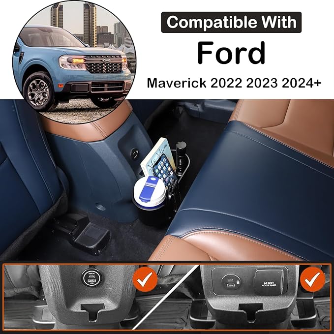 Car Rear Cup Holder Expander Organizer Tray Compatible with Ford Maverick 2022-2024 Car Seat Rear Dual Cup Holders Insert Expander Car Drink Water Bottle Holder Removable FITS Slot ABS Accessories