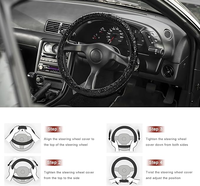 Sun Walker Leather Car Steering Wheel Cover, 15" Anti-Slip Crocodile Pattern Wheel Protector with Rose Grain, Comfortable Gri