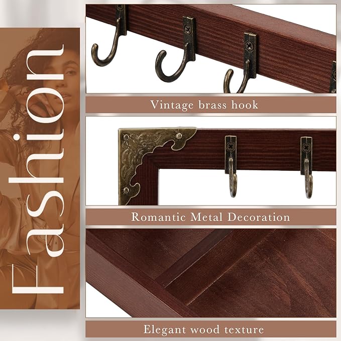 Wonderjune Key Tray for Entryway Table, with 5 Metal Hooks and Wood Base, Vintage Wood Key Tray Stand Holder for Keychain Jew