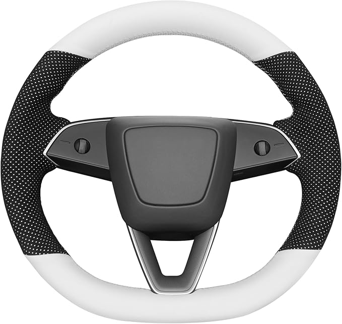 MEWANT Hand Stitched White Leather Steering Wheel Cover for Tesla Model 3 Highland 2023 2024 2025
