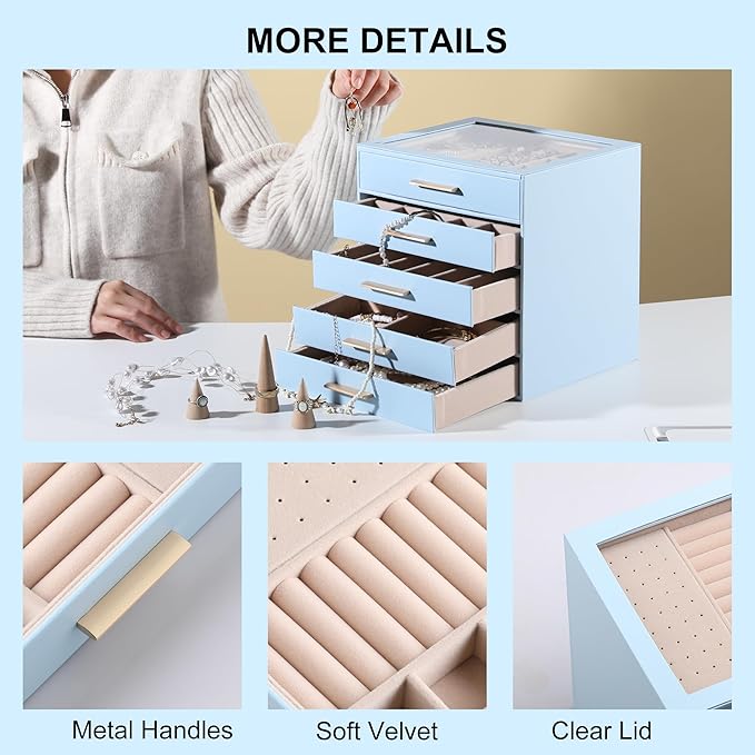 Frebeauty Clear Lid Jewelry Box,5-Layer Jewelry Organizer with Drawer,PU Leather Jewelry Organizers and Storage,Jewelry Boxes