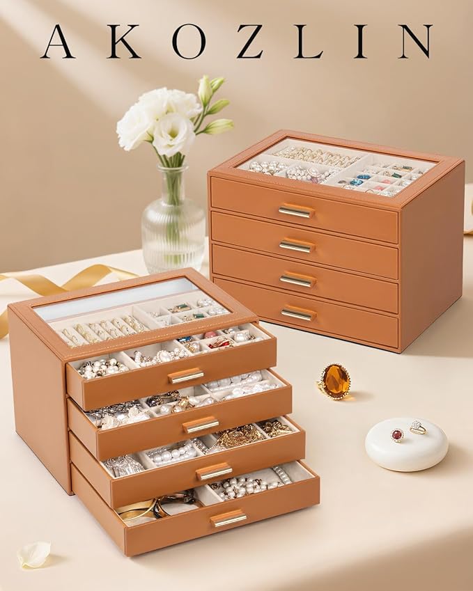 AKOZLIN Jewelry Box with Clear Lid Functional Leather Jewelry Storage Organizer Case 4 Drawers for Women Girls Necklace Ring 