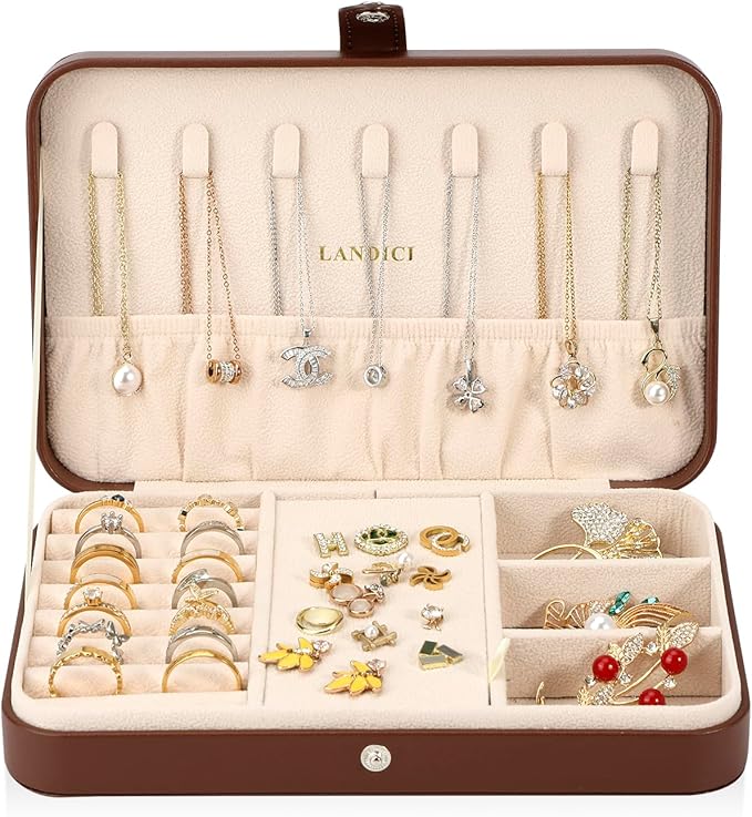 LANDICI Small Jewelry Box for Women Girls, PU Leather Travel Jewelry Case, Portable Jewelry Organizer Storage Holder Display 