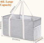 Lifewit Extra Large Tote Bag, Reusable Grocery Bags with Metal Wire Frame and Handles, Standing Utility Foldable Shopping Bags for Storage, Picnics, Beach, Laundry, Car, 46L, 2 Pack, Gray