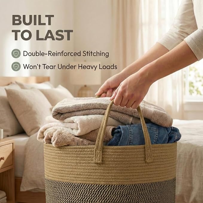 JMvicyroam 115L Extra Large Blanket Basket for Living Room - Woven Cotton Rope Laundry Hamper with Reinforced Handles - Stora