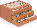 AKOZLIN Jewelry Box with Clear Lid Functional Leather Jewelry Storage Organizer Case 3 Drawers for Women Girls Necklace Ring 