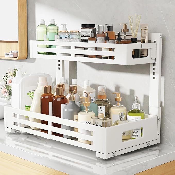 2 Pack 21IN-Depth Under Sink Organizer,Pull Out Cabinet Organizer With Smooth Cylindrical Rail,Metal Slide Out Drawer for Kit