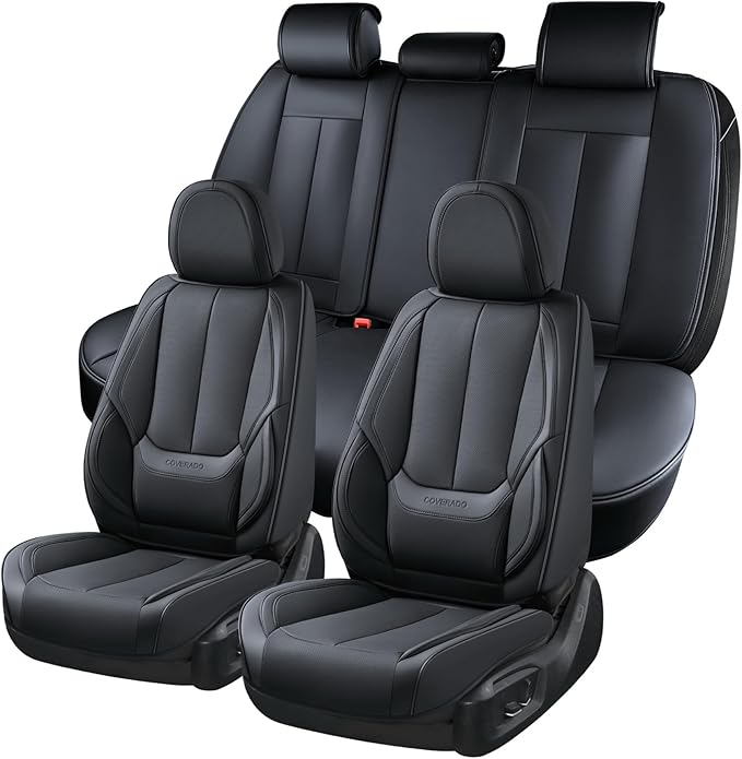 Coverado Seat Covers Full Set, Black Seat Covers for Cars 5 Seats, Car Seat Protector, Waterproof Nappa Leather Car Seat Cush