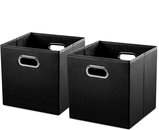 PRANDOM Leather Foldable Cube Storage Bins 13x13 inch [2-Pack] Fabric Storage Baskets Cubes Drawer with Cotton Handles Organi