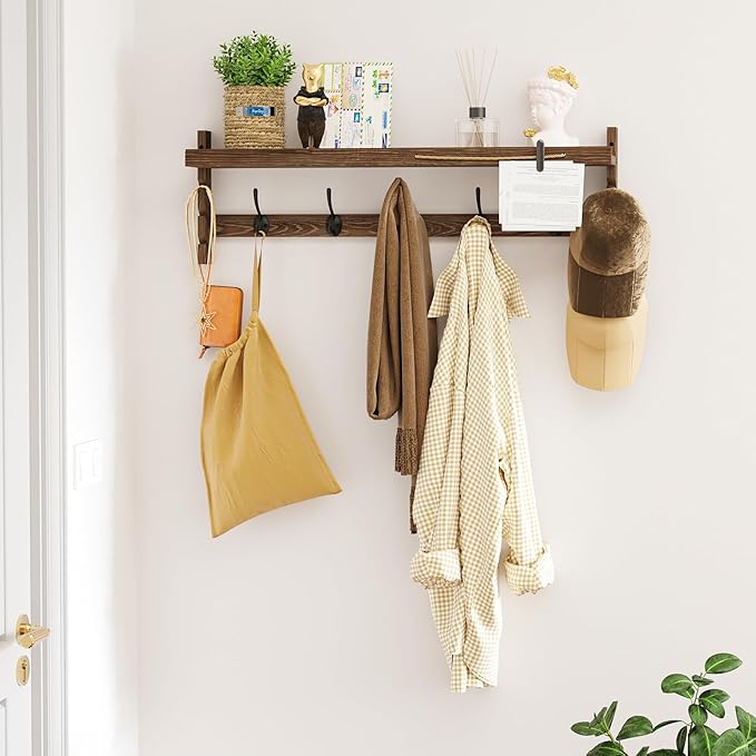 AMBIRD Wall Hooks with Shelf 28.9inch Entryway Wall Hanging Shelf, Wood Coat Hooks, Coat Rack Wall Mount Rack with 5 Dual Hoo