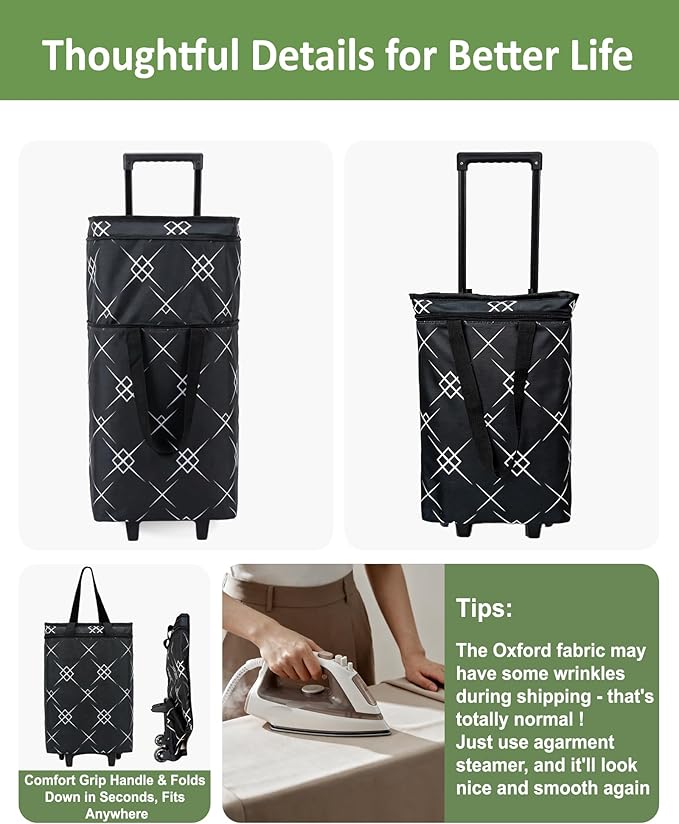 Foldable Rolling Bag, Portable Small Shopping Cart with Wheels, Collapsible Shopping Tote with Stylish Pattern for Market & Grocery Runs–Gift for Women & Seniors, Pro L, Black